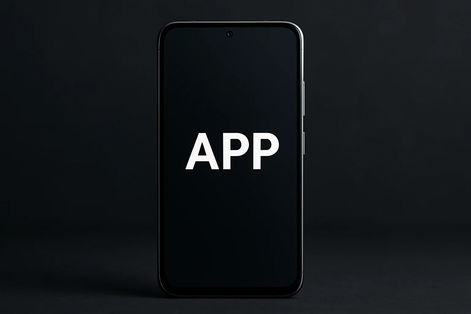 Single modern Android smartphone with dark screen showing white word APP