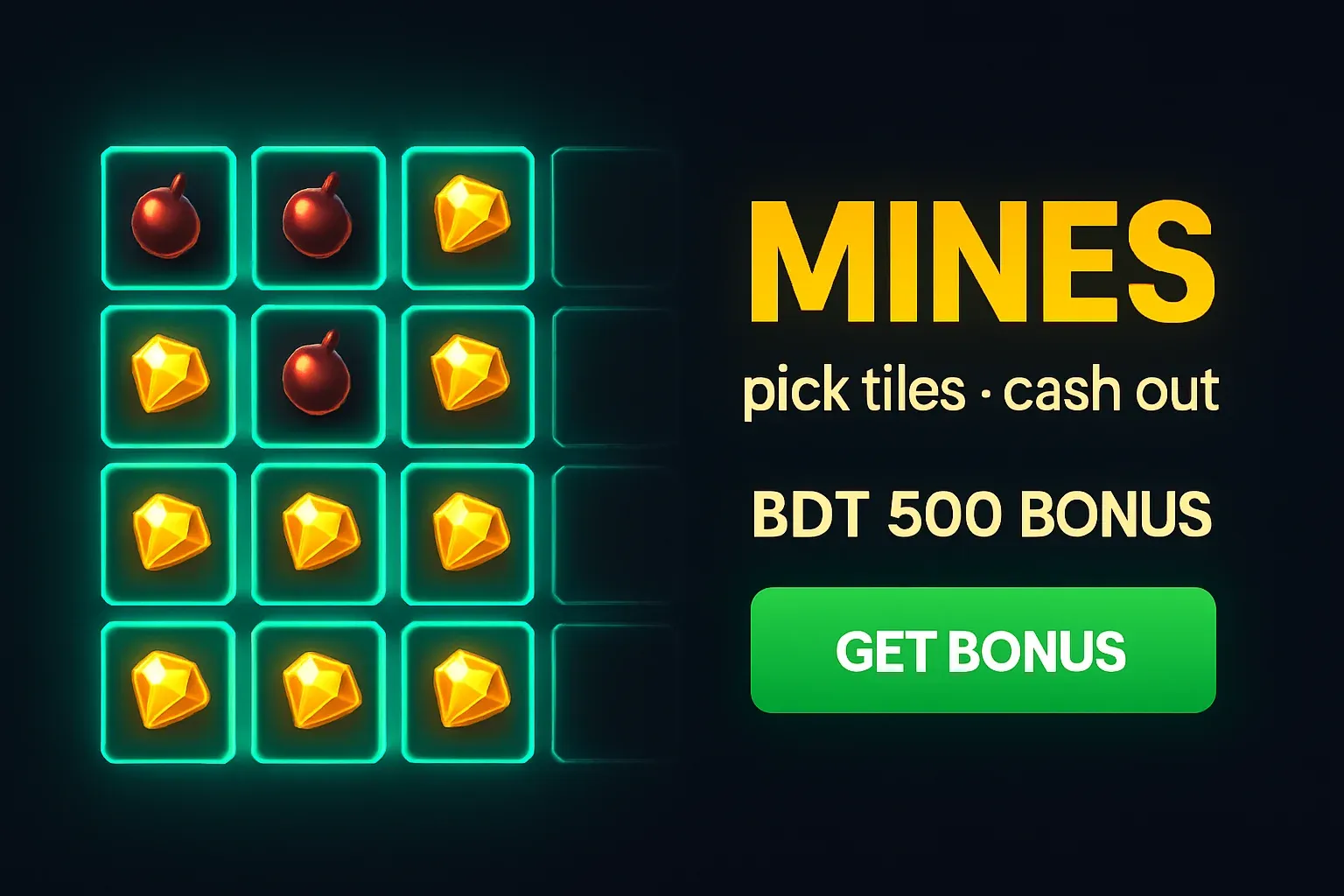 Mines game promo banner with glowing grid, gold gems, green CTA