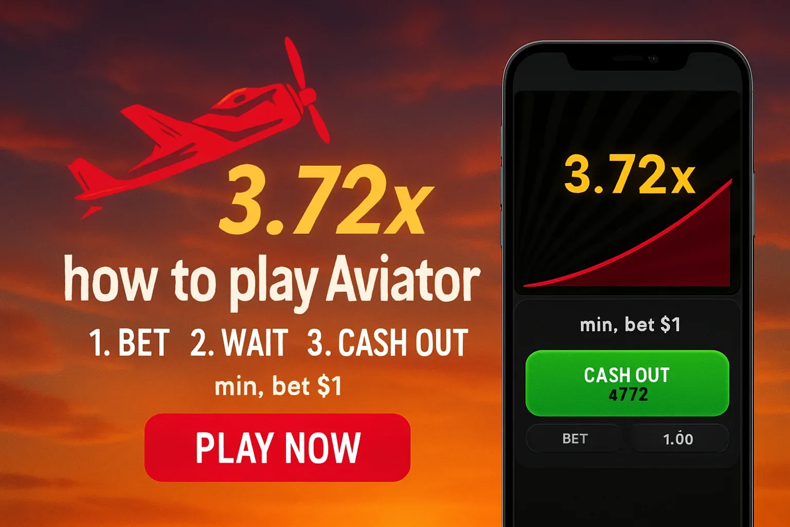 Aviator how-to banner with red plane, 3.72x multiplier, steps and CTA