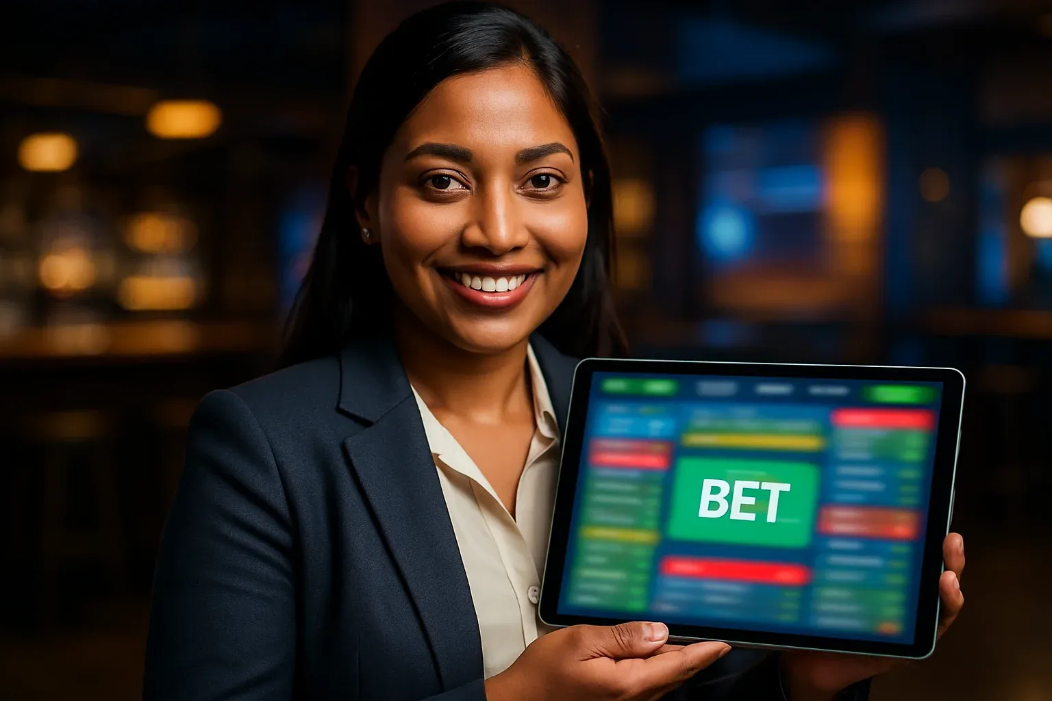Confident Bangladeshi woman holding tablet showing bold BET sports betting screen