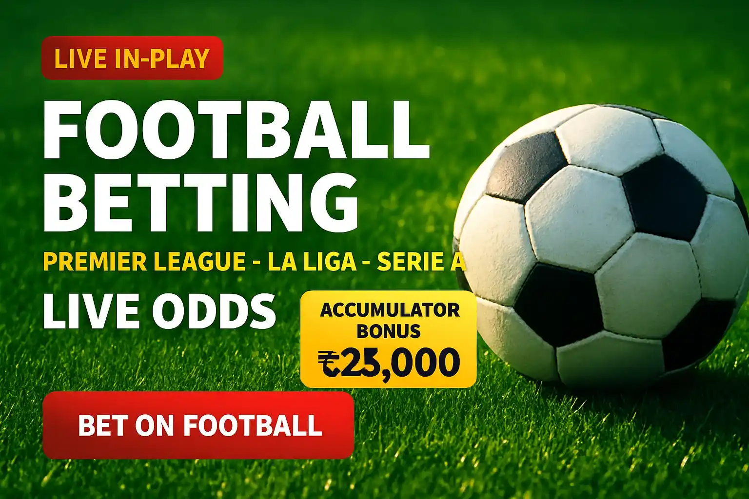 Football betting banner with green field, ball, live odds and bonus in BDT