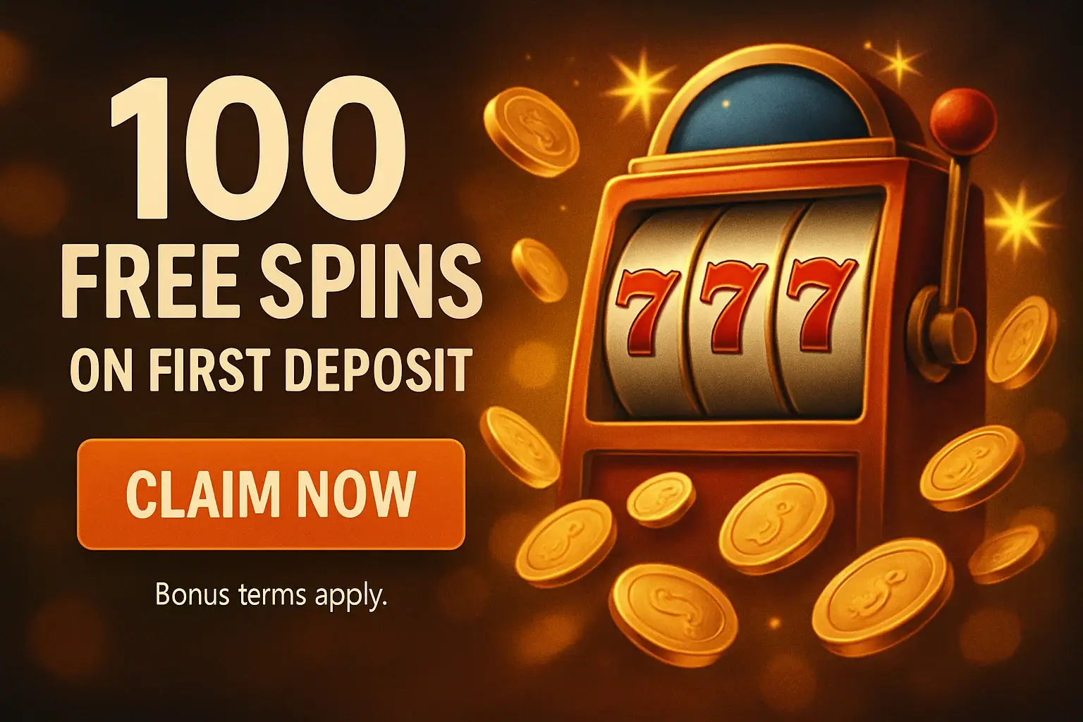 Colorful casino free spins banner with slot machine, coins, CTA button