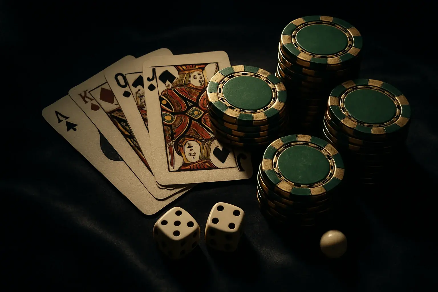 Top-down casino flat lay with cards, chips, dice, and roulette ball