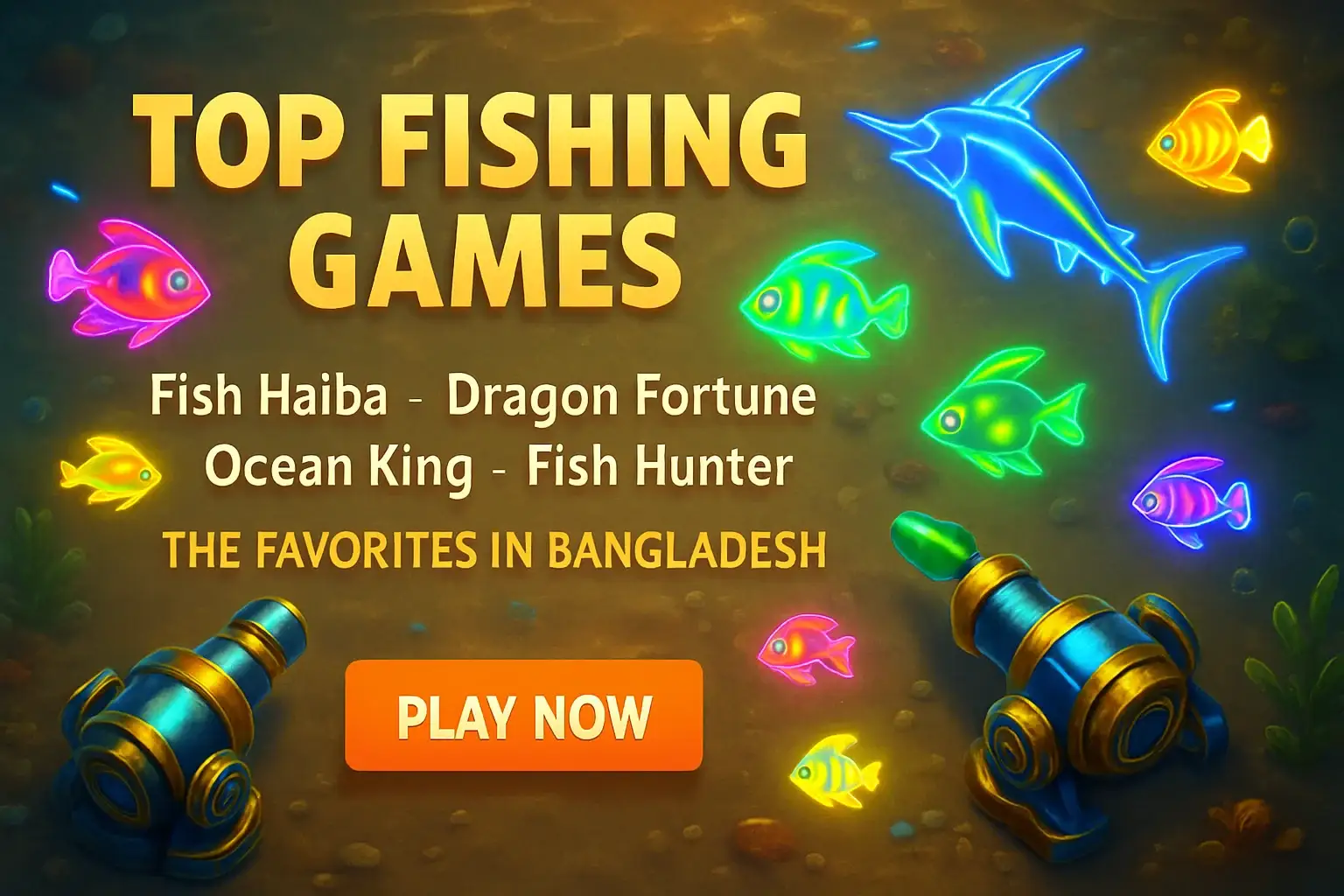 Colorful underwater fishing game banner with neon fish, cannons, and CTA