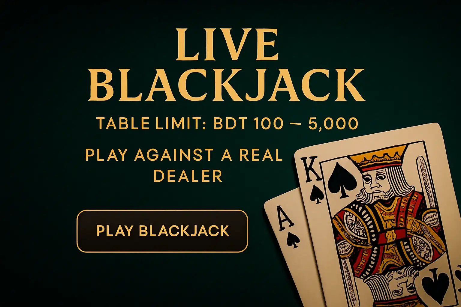 Premium live blackjack banner with green felt, ace-king hand, gold CTA