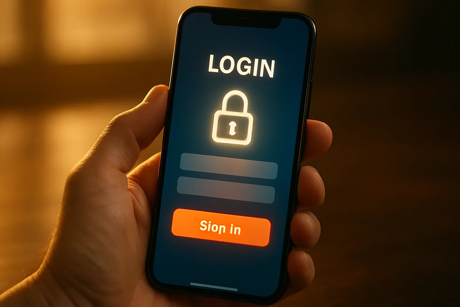Macro photo of hand holding smartphone showing secure login padlock interface