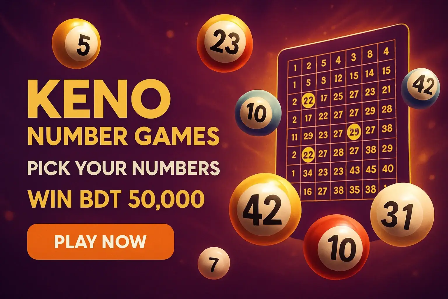 Keno number game banner with purple gold background, numbered balls, grid