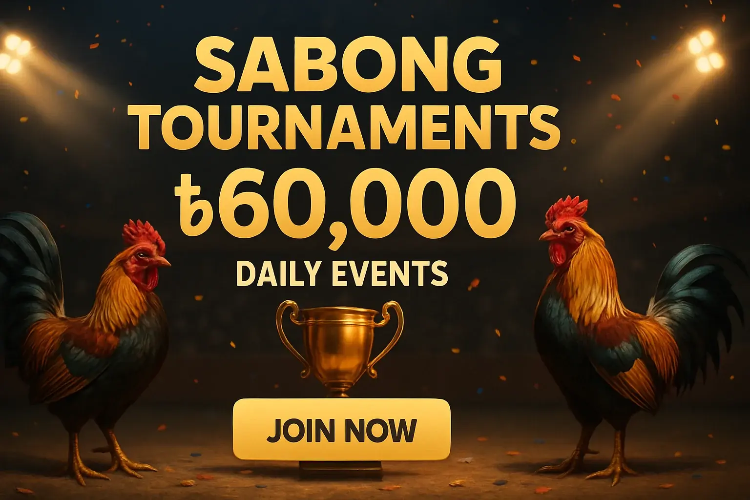 Sabong tournament banner with rooster figurines, trophy, confetti, and CTA button