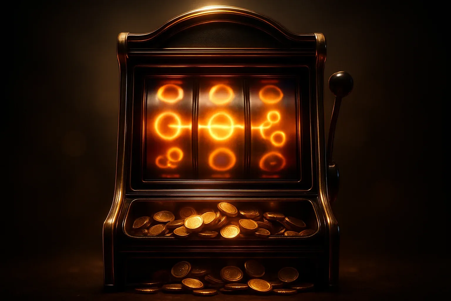 Ornate slot machine with spinning reels and golden coins spilling out